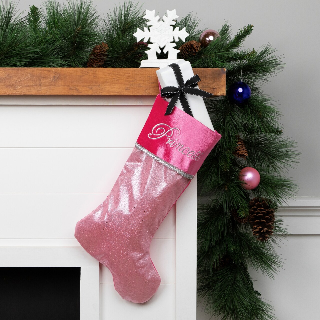 Northlight 21" Pink and Silver Glittered Princess Christmas Stocking with Cuff